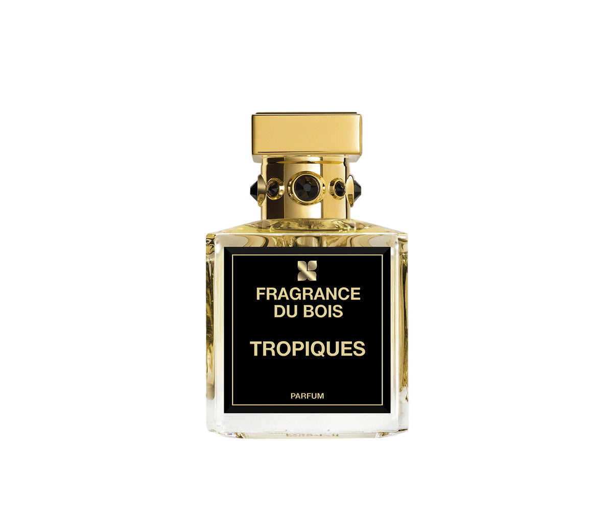 Perfume bottle labeled 'Fragrance du Bois Tropiques' on a white background